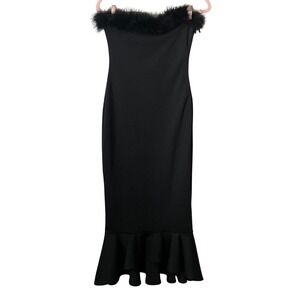 Superdown Dress Womens Small Black Midi Feather Trim Strapless Mermaid Bodycon